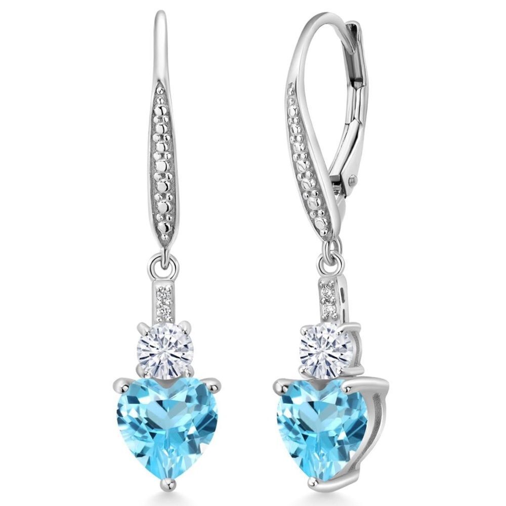 925 Sterling Silver 3.49 Cttw Swiss Blue Topaz and Moissanite Heart Earrings
